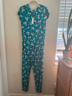 Doublju Teal Comfy Stretchy Floral Jumpsuit - L